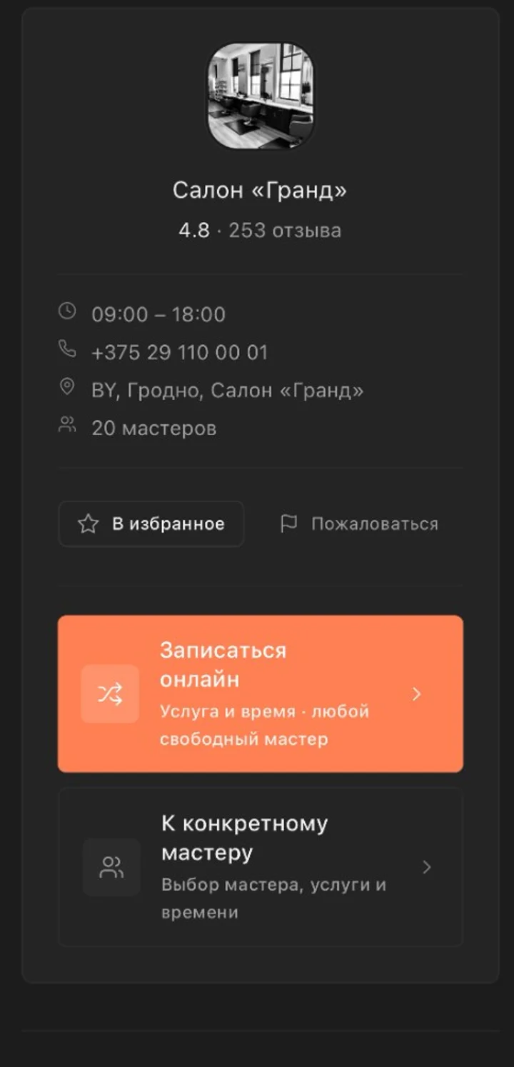 Страница записи салона на телефоне