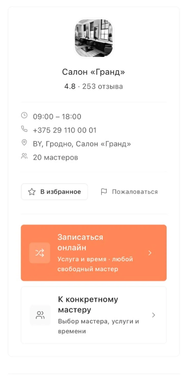 Страница записи салона на телефоне